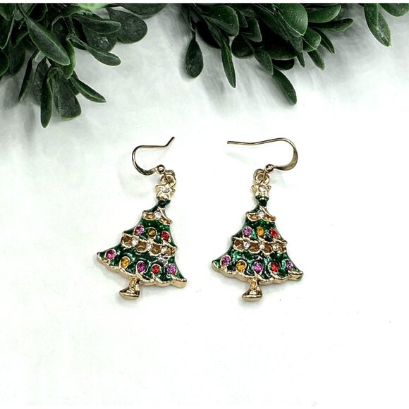 Christmas Tree Dangle Earrings With Multicolor Rhinestones - Picture 3 of 5